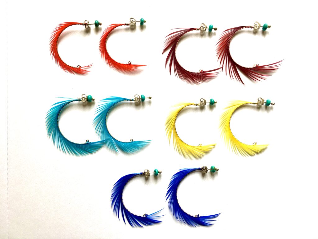 Boucles d'oreilles clous " Plumes et turquoises "